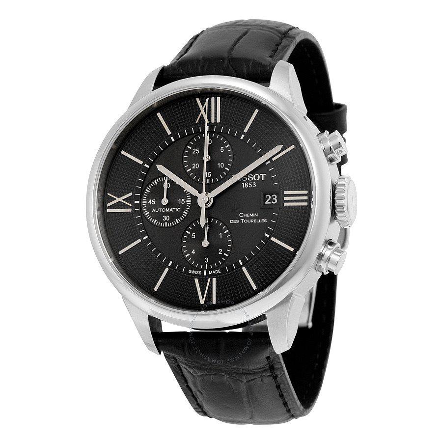 Tissot T Classic Chemin Des Tourelles Chronograph Black Dial Black Leather Strap Watch For Men - T099.427.16.058.00