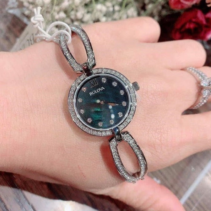 Bulova Crystal Black Mother of Pearl Dial Silver Steel Strap Watch for Women - 96L224