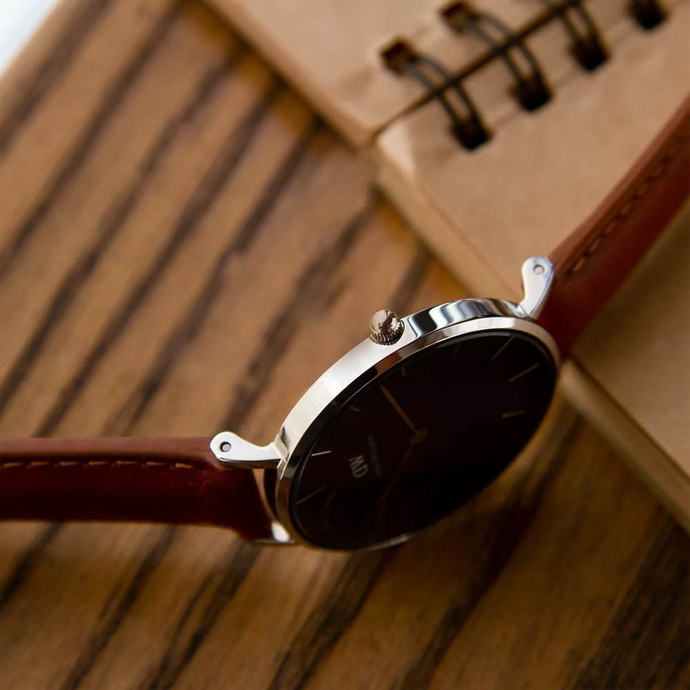 Daniel Wellington Petite Sterling Black Dial Brown Leather Strap Watch For Women - DW00100178