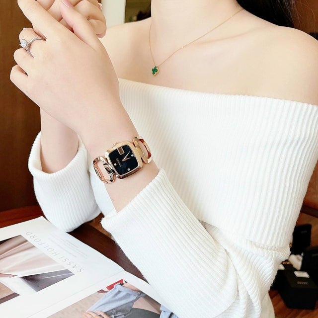 Gucci G Ladies Diamonds Black Dial Rose Gold Steel Strap Watch For Women - YA125512