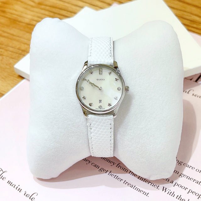 Gucci G-Timeless Mother of Pearl White Dial White Leather Strap Watch For Women - YA126597