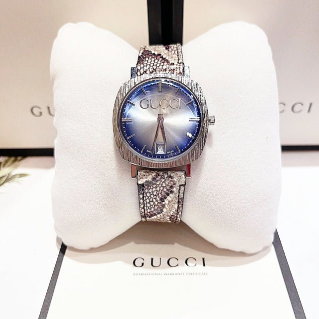 Gucci Grip Vintage Blue Dial Snakeskin Brown Leather Strap Watch for Women - YA152401