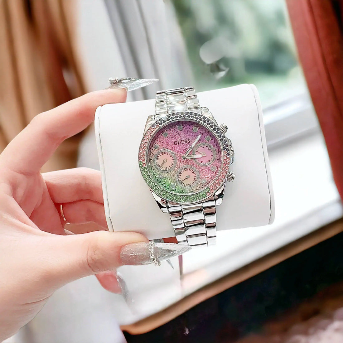 Guess Sol Chronograph Crystals Multicolor Dial Silver Steel Strap Watch For Women - GW0483L1