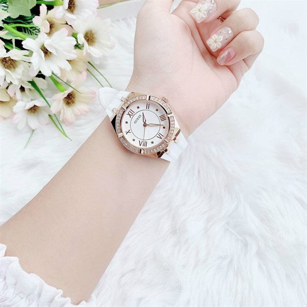 Guess Cosmo Diamonds Silver Dial White Rubber Strap Watch for Women - GW0034L2