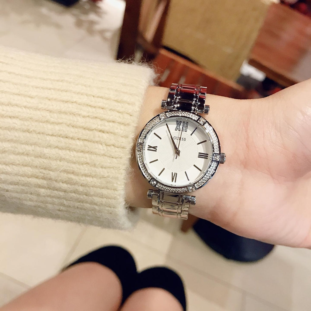 Guess Park Ave White Dial Silver Steel Strap Watch for Women - W0767L1