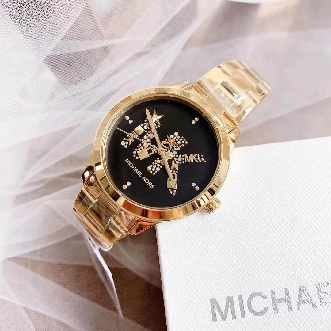 Michael Kors Runway Quartz Black Dial Gold Steel Strap Watch For Women - MK6682