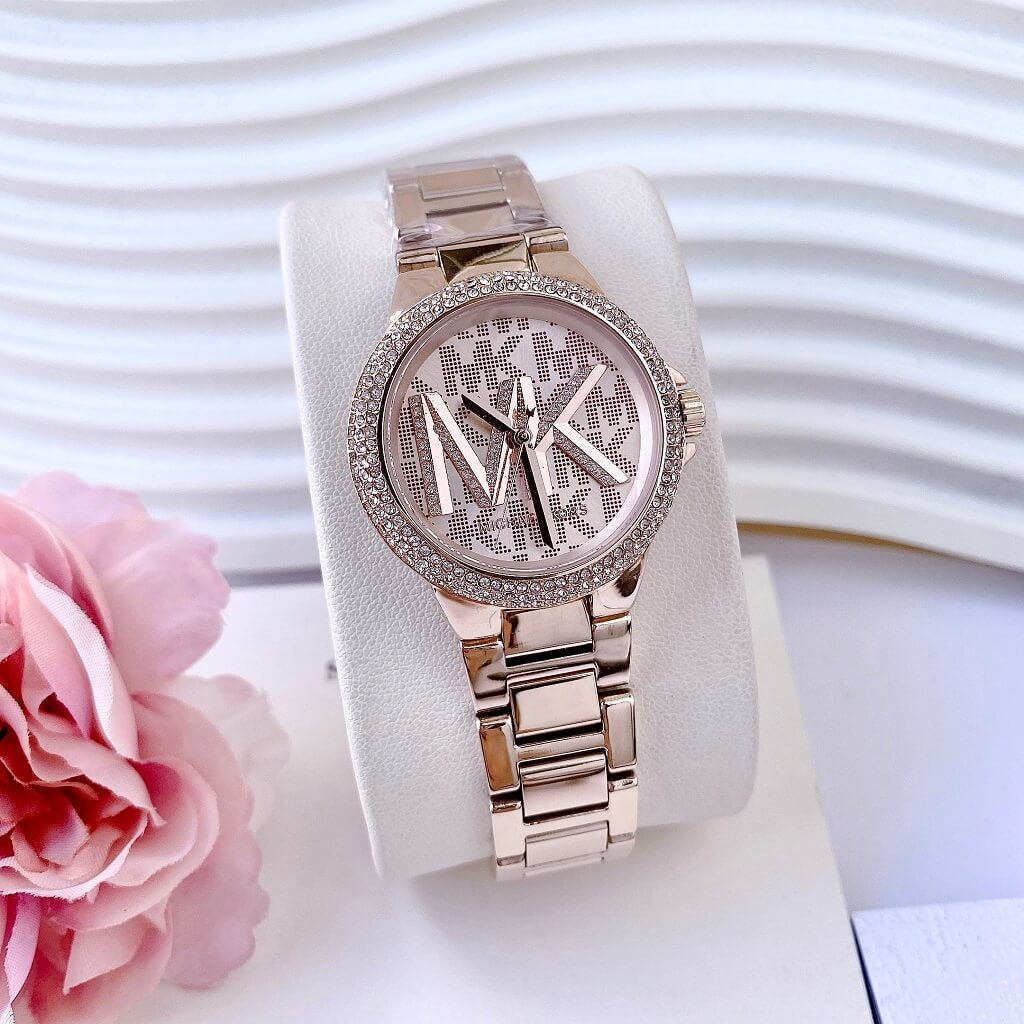 Michael Kors Camille Three Hand Rose Gold Dial Rose Gold Steel Strap Watch For Women - MK7197