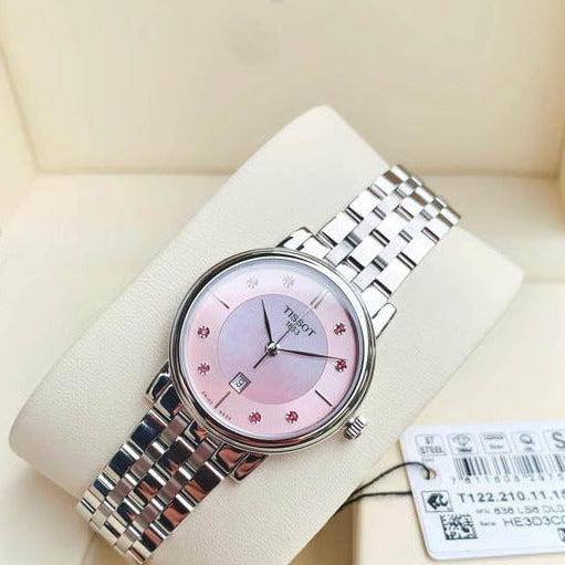Tissot Carson Premium Lady Mother of Pearl Pink Dial Silver Steel Strap Watch For Women - T122.210.11.159.00