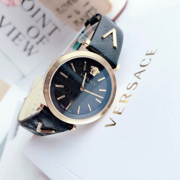 Versace V-Twist Black Dial Black Leather Strap Watch for Women - VELS00619