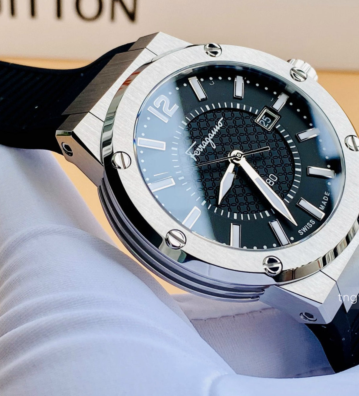 Salvatore Ferragamo F-80 Black Dial Black Rubber Strap Watch For Men - SFHY01322