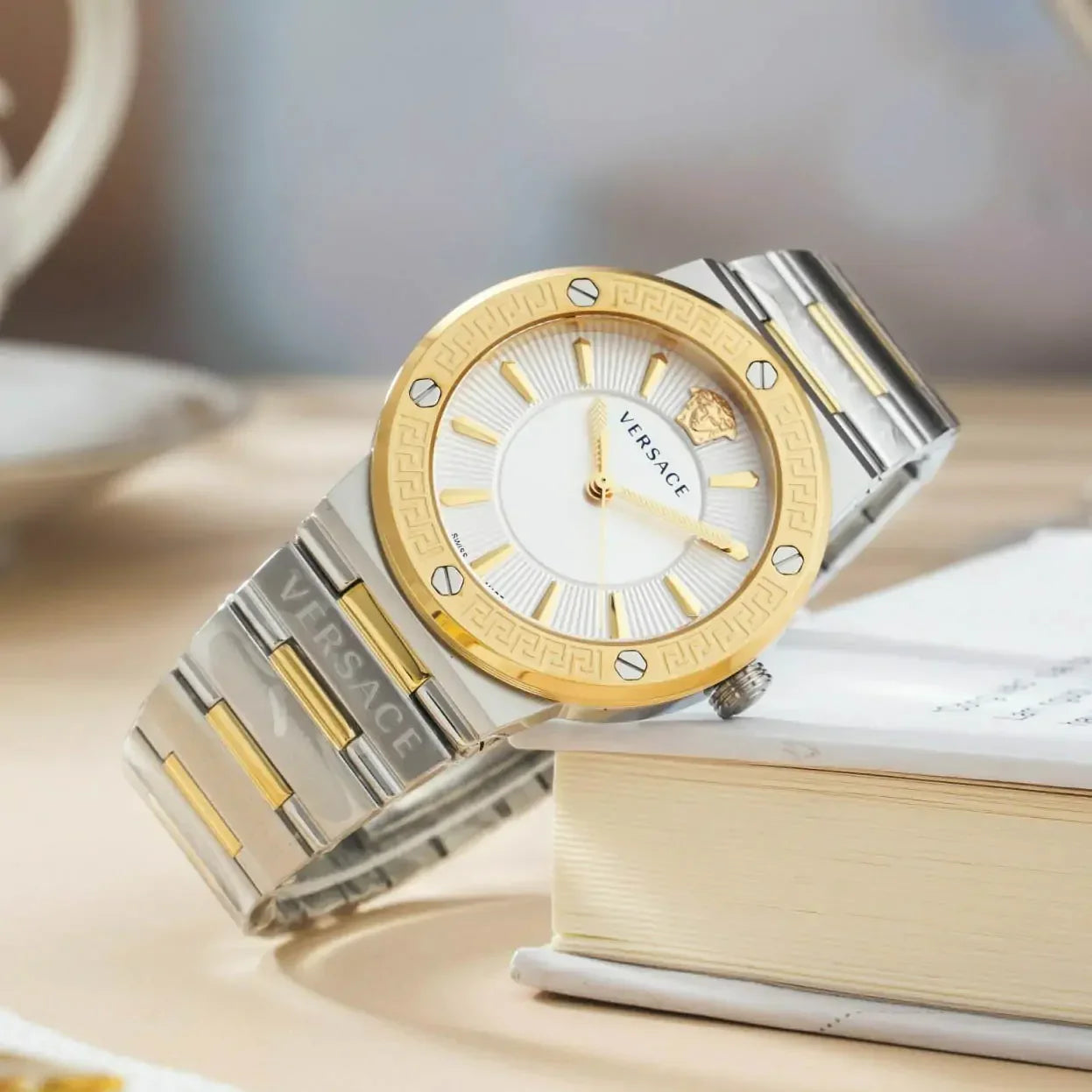 Versace Hellenyium Green Dial Two Tone Steel Strap Watch for Women - VEVH00620