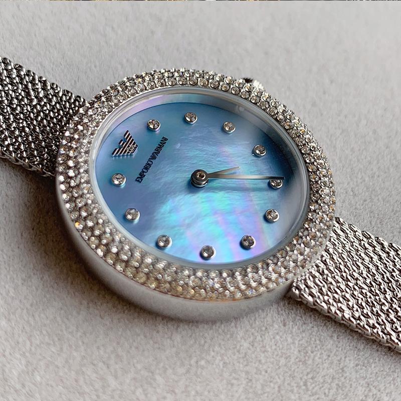 Emporio Armani Rosa Diamonds Mother of Pearl Blue Dial Silver Mesh Bracelet Watch For Women - AR11380