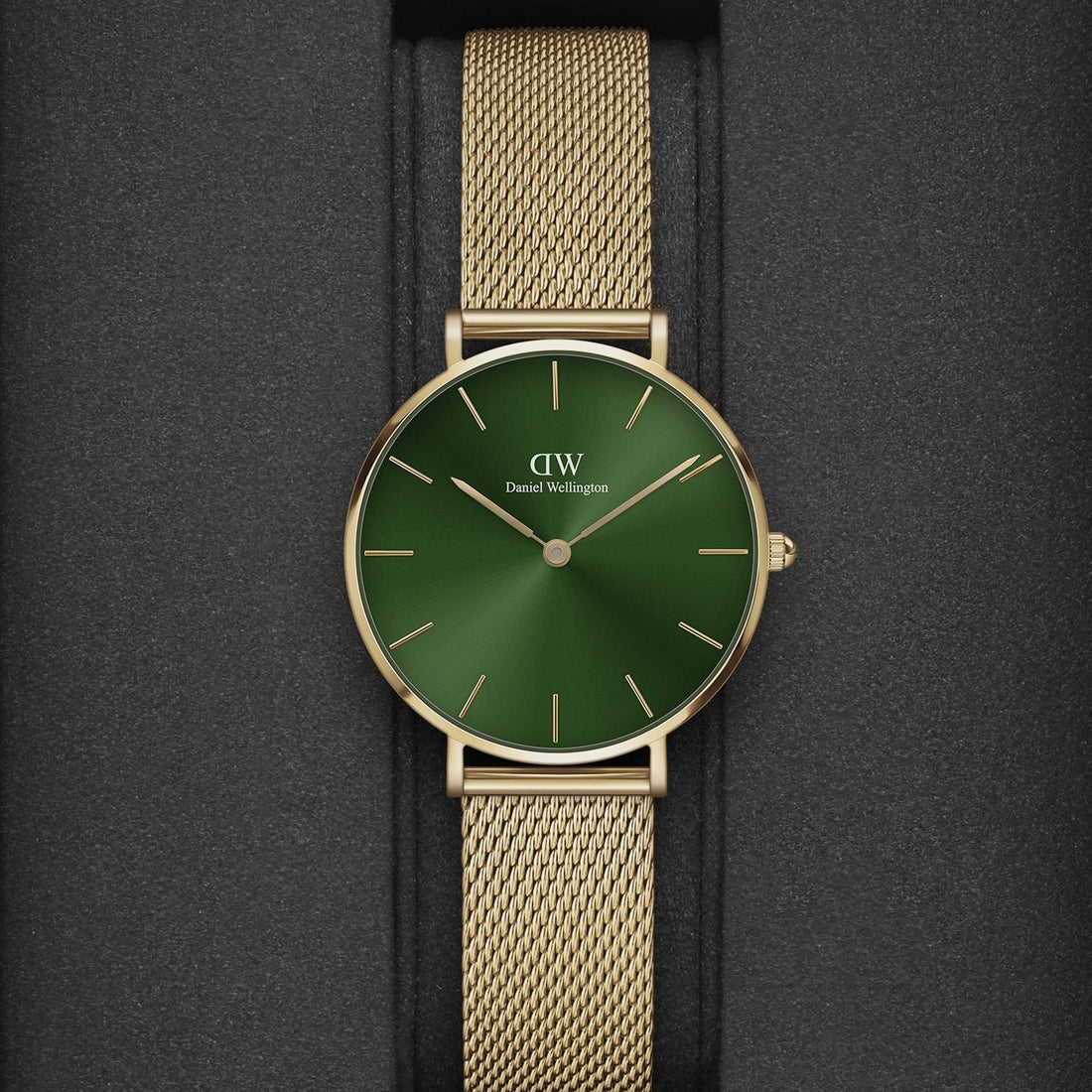 Daniel Wellington Petite Emerald Green Dial Gold Mesh Strap Watch For Women - DW00100480