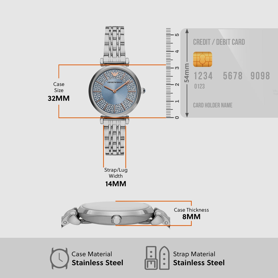 Emporio Armani Gianni T-Bar Quartz Blue Dial Silver Steel Strap Watch For Women - AR11594