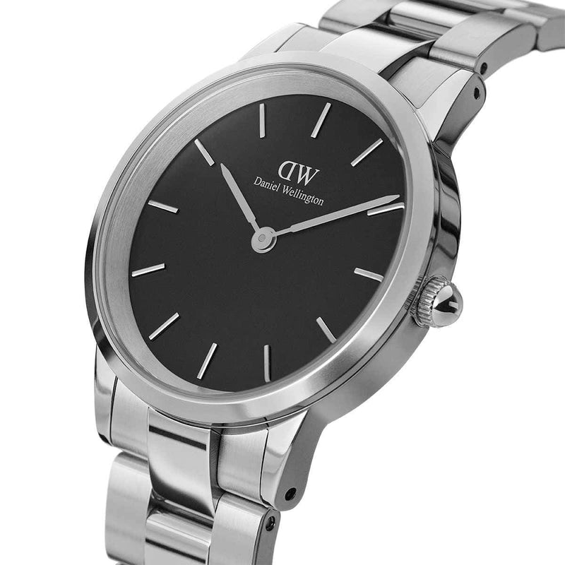 Daniel Wellington Iconic Link Black Dial Silver Steel Strap Watch for Women - DW00100204