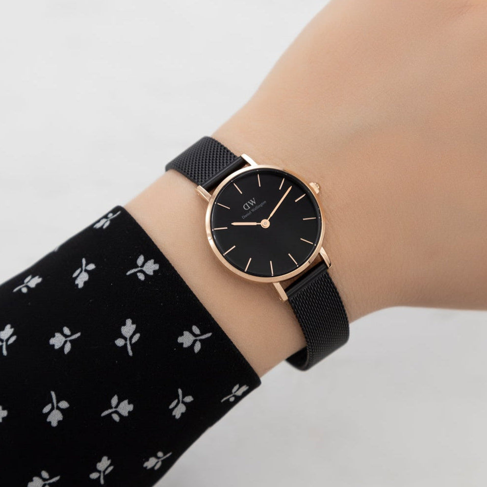 Daniel Wellington Petite Ashfield Black Dial Black Mesh Strap Watch For Women - DW00100245