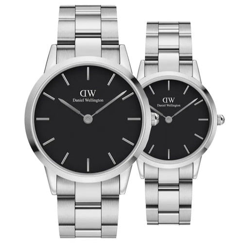 Daniel Wellington Iconic Link Black Dial Silver Steel Strap Watch For Women - DW00100206