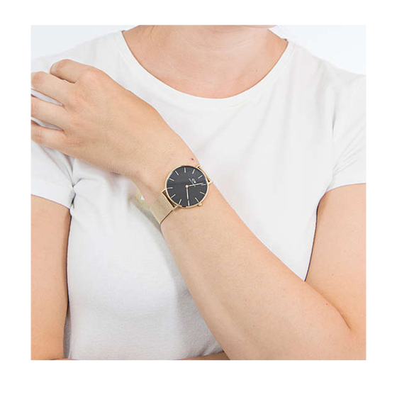 Daniel Wellington Petite Evergold Black Dial Gold Mesh Strap Watch For Women - DW00100345