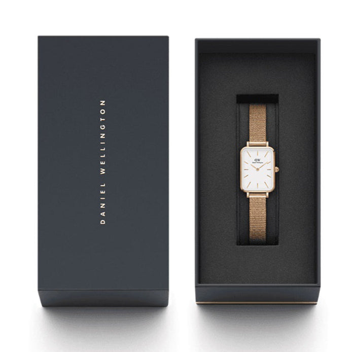 Daniel Wellington Quadro Melrose White Dial Gold Mesh Strap Watch For Women - DW00100431