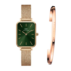 Daniel Wellington Quadro Melrose Green Dial Rose Gold Mesh Strap Watch For Women - DW00100437