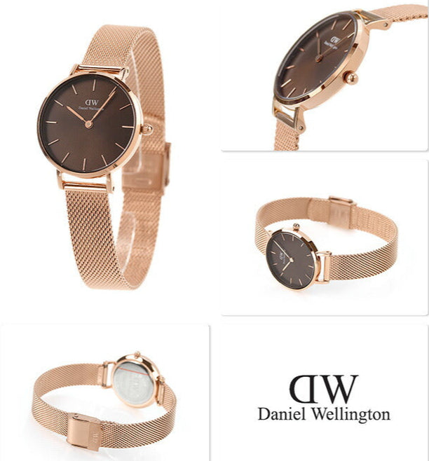 Daniel Wellington Petite Amber Brown Dial Gold Mesh Strap Watch For Women - DW00100476
