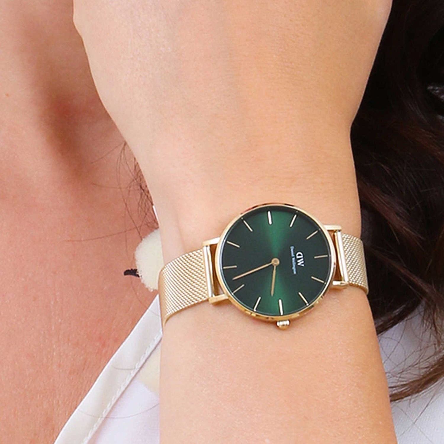 Daniel Wellington Petite Emerald Green Dial Gold Mesh Strap Watch For Women - DW00100480