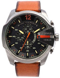 Diesel Mega Chief Chronograph Black Dial Brown Leather Strap Watch For Men - DZ4343