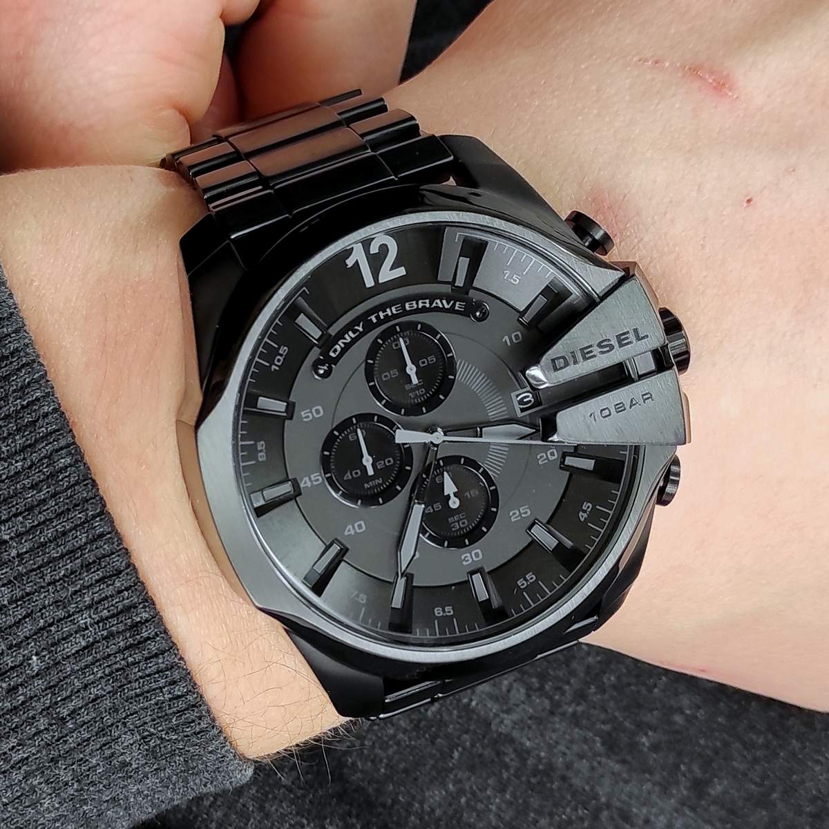 Diesel Mega Chief Chronograph Black Dial Black Steel Strap Watch For Men - DZ4355