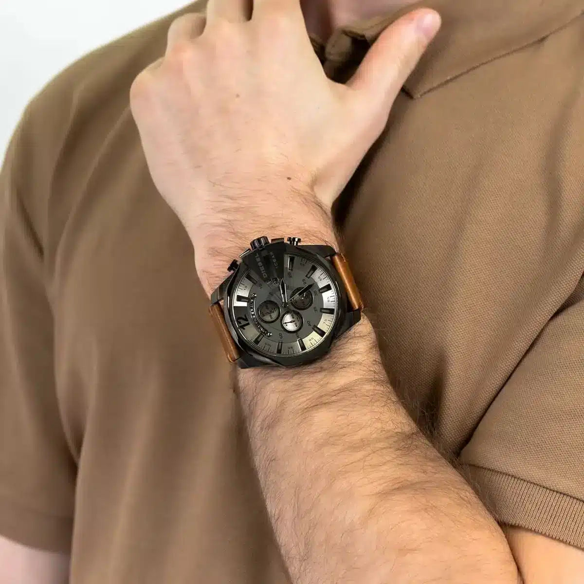 Diesel Mega Chief Chronograph Grey Dial Brown Leather Strap Watch For Men - DZ4463