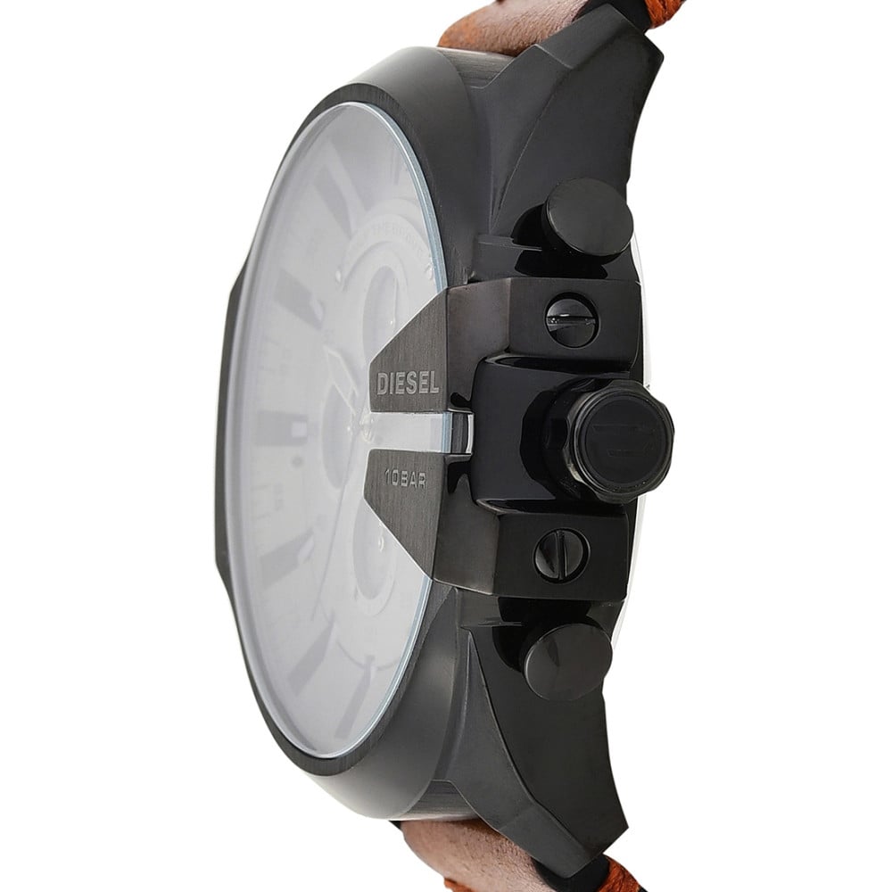 Diesel Mega Chief Chronograph Grey Dial Brown Leather Strap Watch For Men - DZ4463