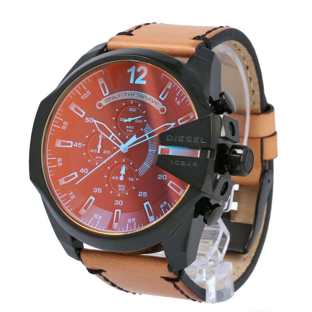 Diesel Mega Chief Chronograph Black Dial Brown Leather Strap Watch For Men - DZ4476