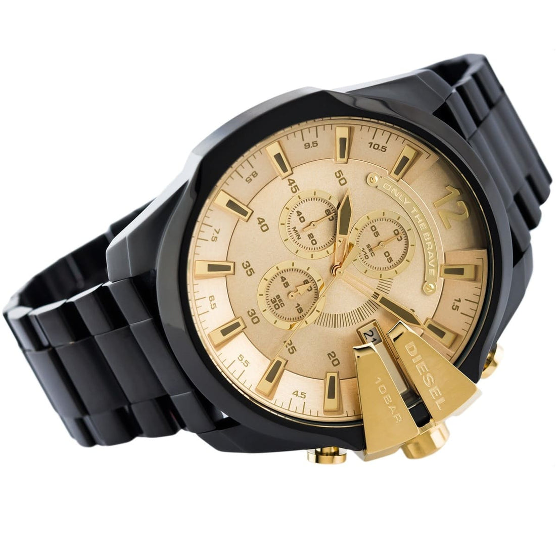 Diesel Mega Chief Chronograph Gold Dial Black Steel Strap Watch For Men - DZ4485