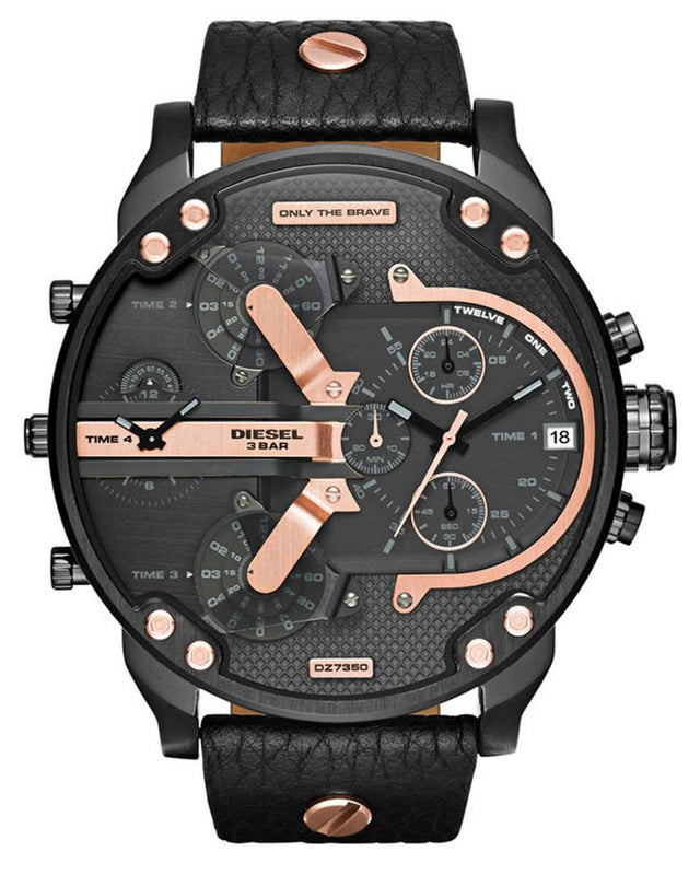 Diesel Mr Daddy 2.0 Chronograph Black Dial Black Leather Strap Watch For Men - DZ7350