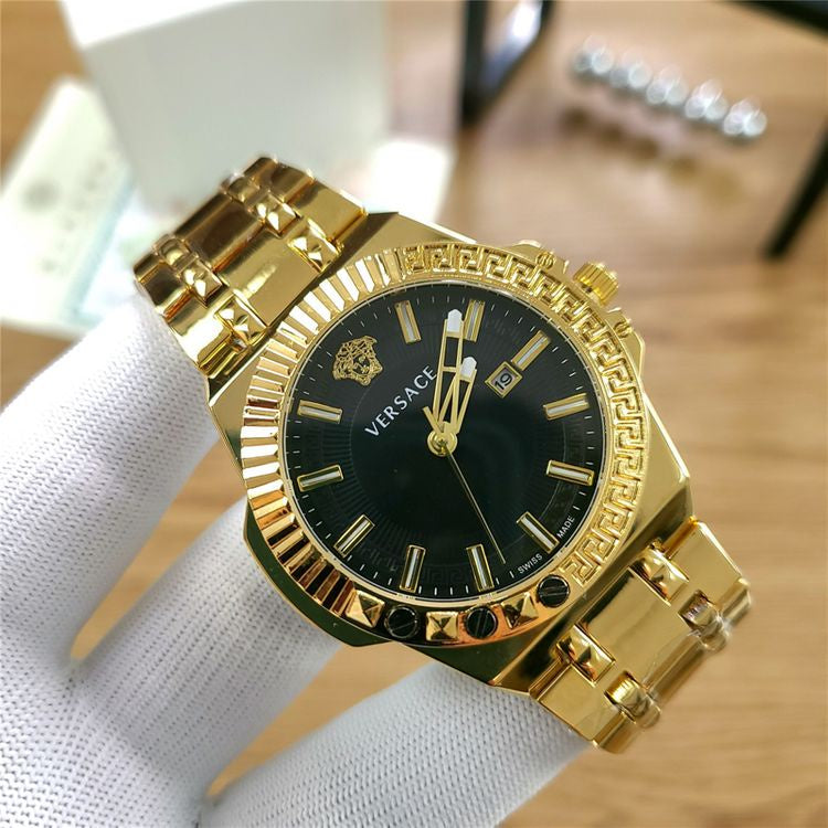 Versace Chain Reaction Quartz Black Dial Two Tone Steel Strap Watch for Men - VEDY00619