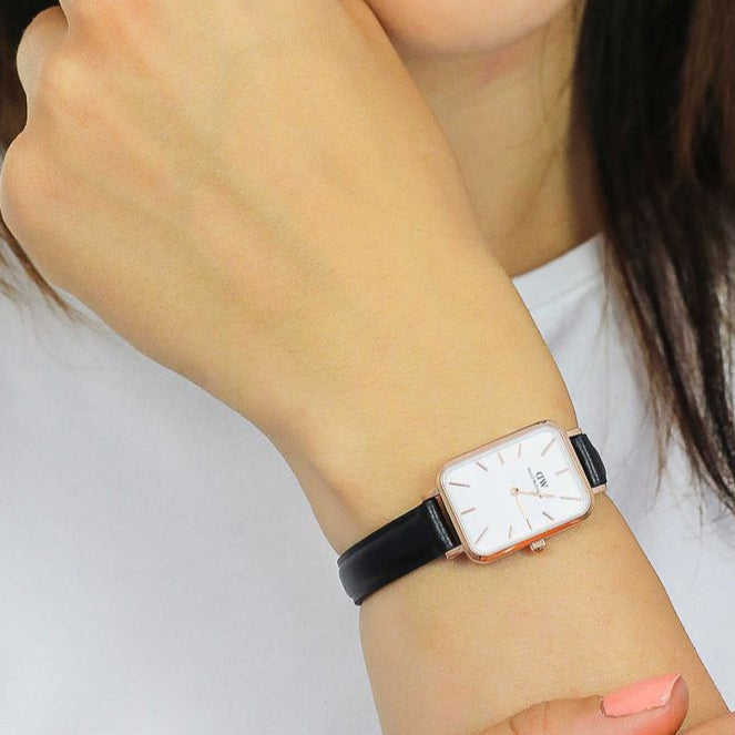 Daniel Wellington Quadro White Dial Black Leather Strap Watch For Women - DW00100434