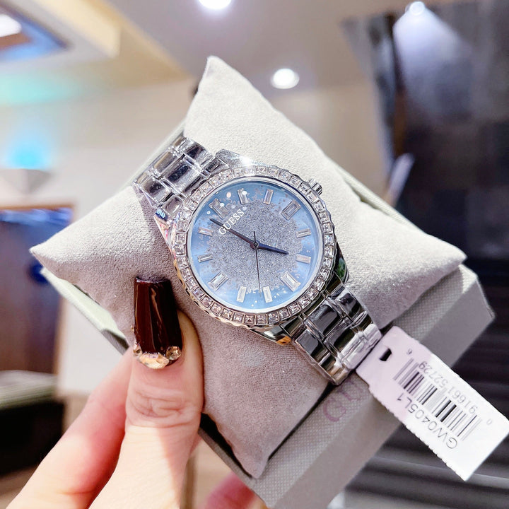 Guess Glitter Burst Diamonds Blue Dial Silver Steel Strap Watch for Women - GW0405L1