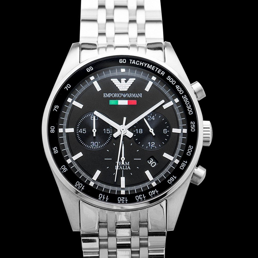Emporio Armani Team Italia Chronograph Black Dial Silver Steel Strap Watch For Men - AR5983