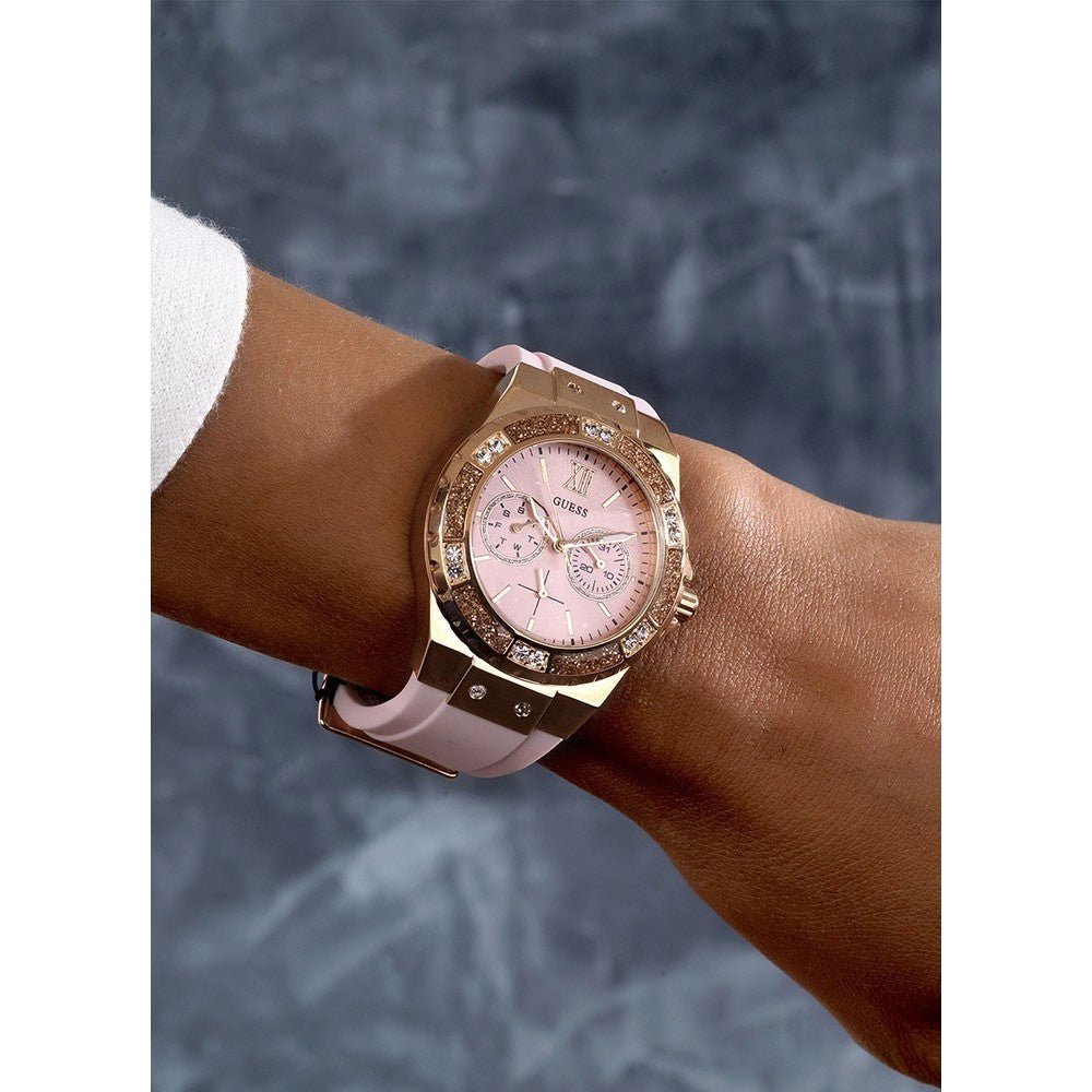 Guess Rose Gold Dial with Diamonds Pink Rubber Strap Watch For Women - W1053L3