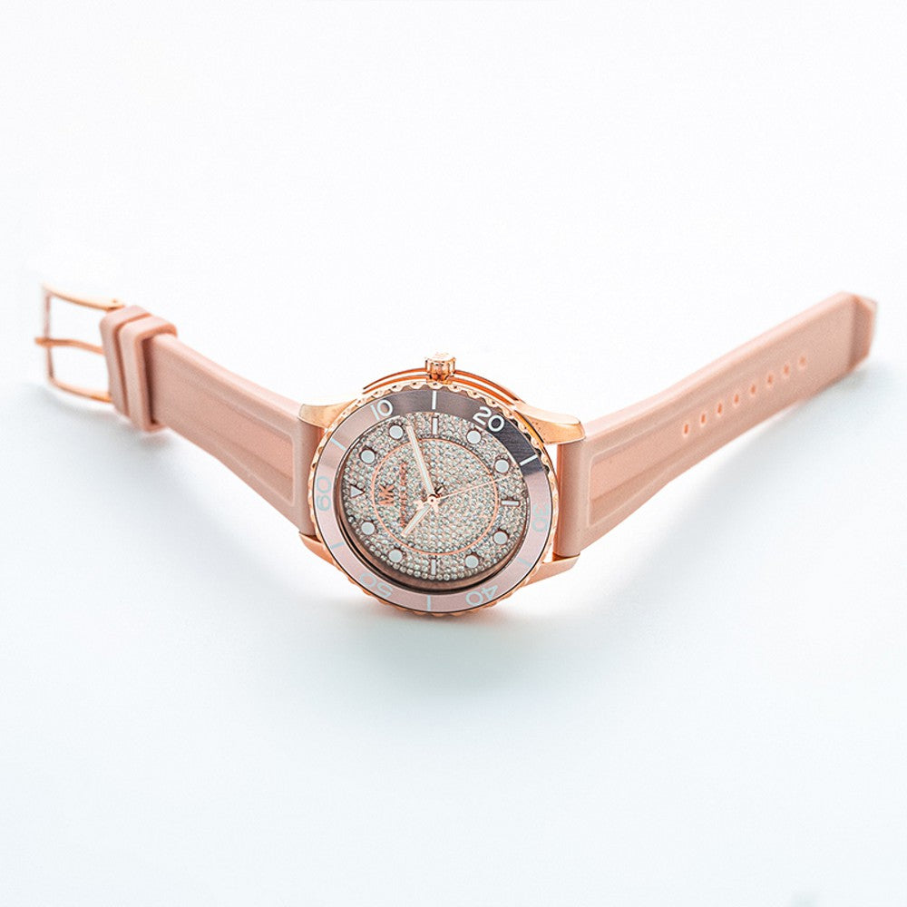 Michael Kors Runway Three Hand Crystal Pave Dial Pink Rubber Strap Watch For Women - MK6854