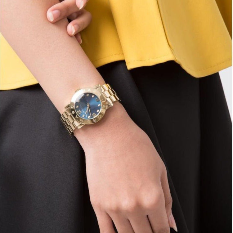 Marc Jacobs Amy Blue Dial Gold Steel Strap Watch for Women - MBM3166