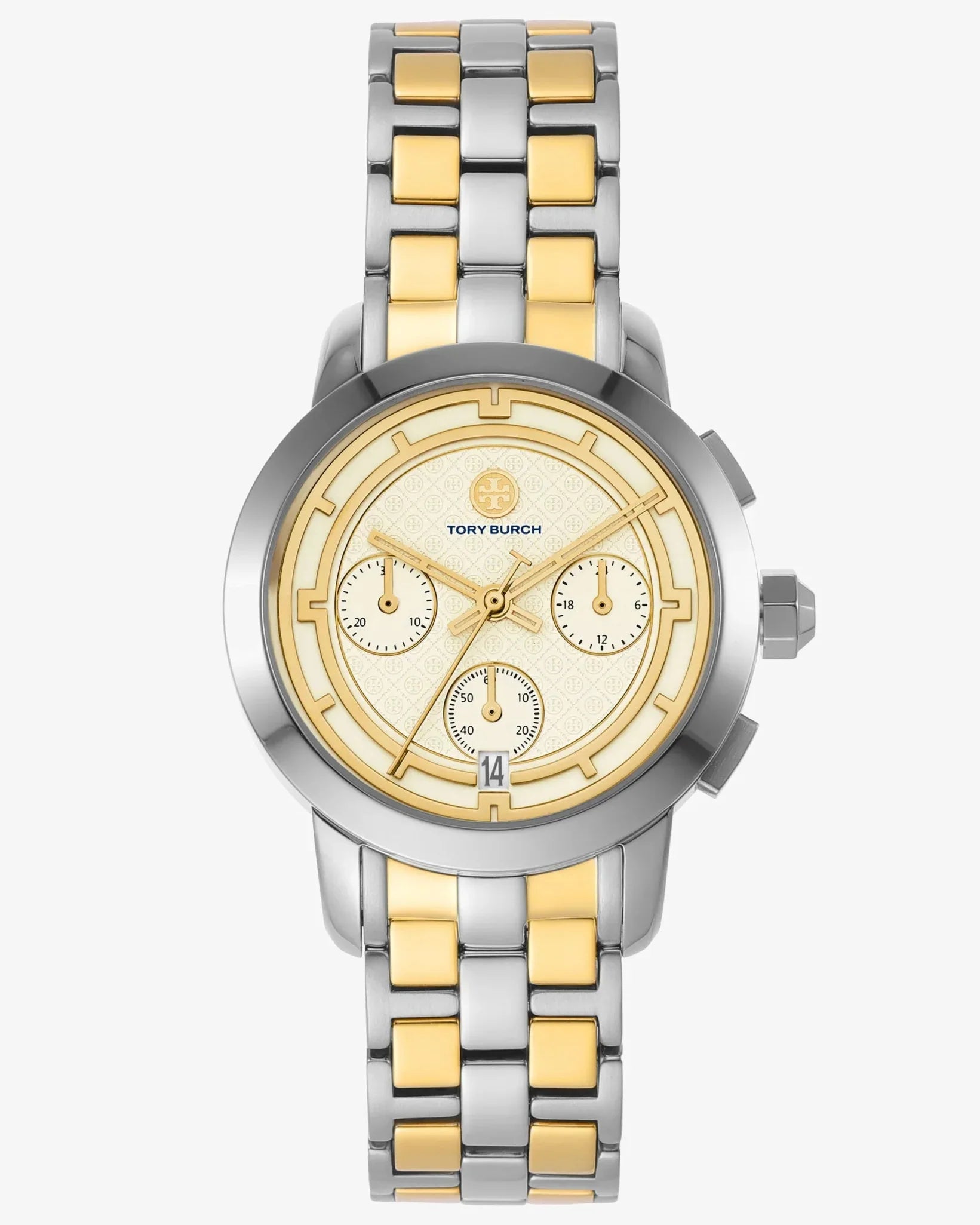 Tory Burch Classic Chronograph White Dial Two Tone Steel Strap Watch for Women - TBW1034