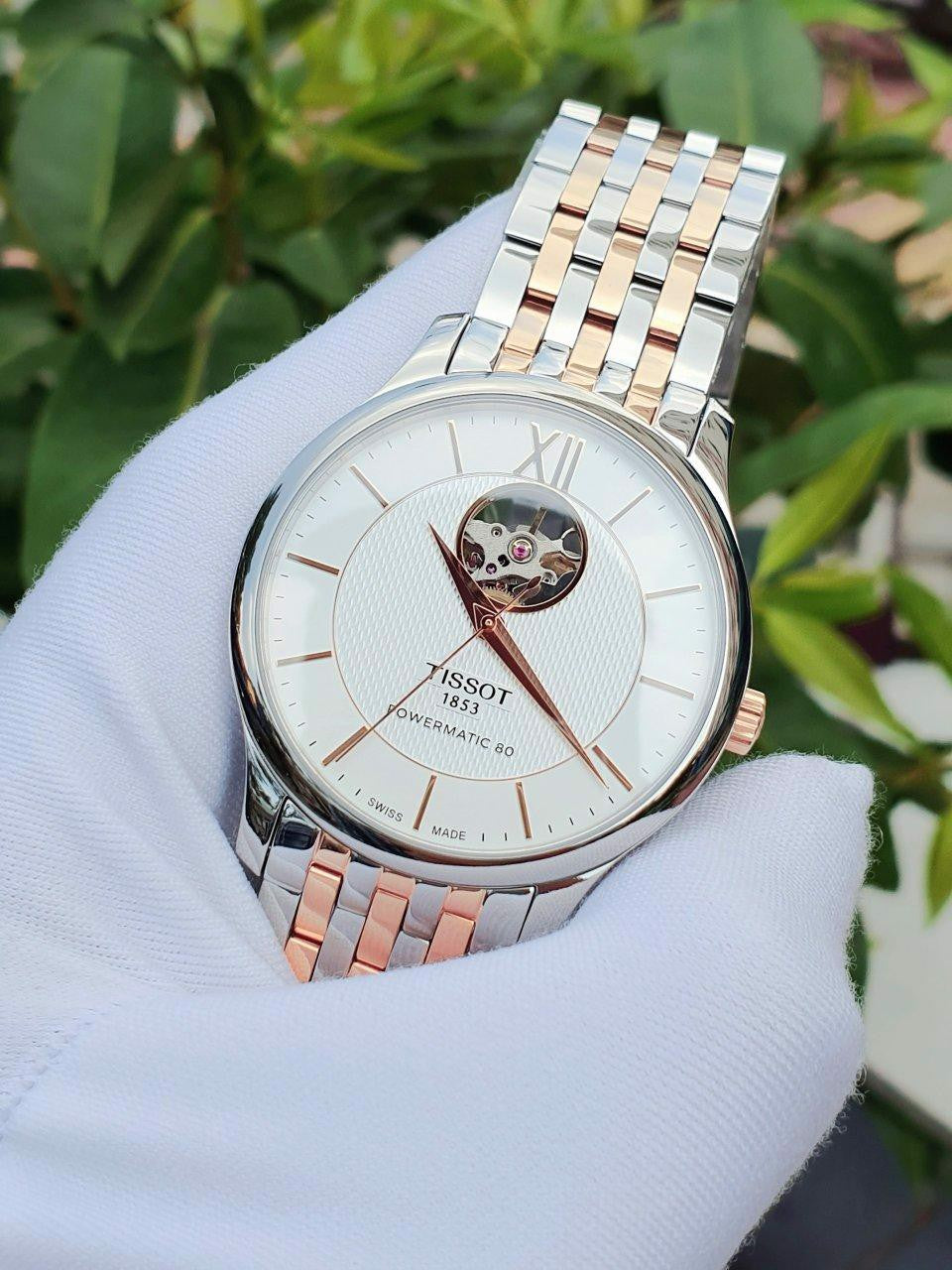 Tissot Tradition Powermatic 80 Open Heart Silver Dial Two Tone Steel Strap Watch For Men - T063.907.22.038.01