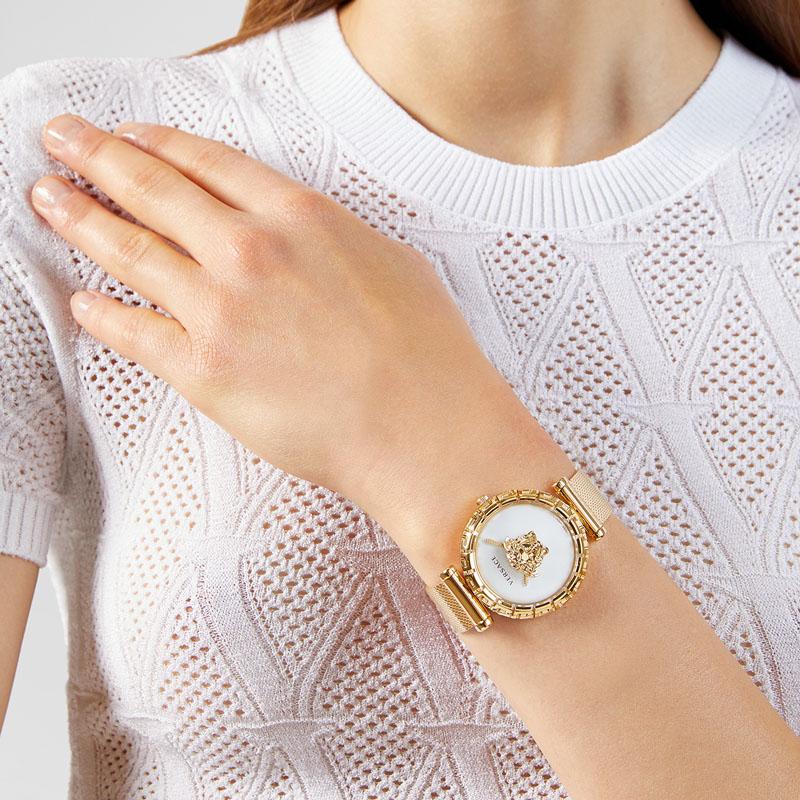 Versace Palazzo Empire Greca White Dial Gold Mesh Bracelet Watch for Women - VEDV00619
