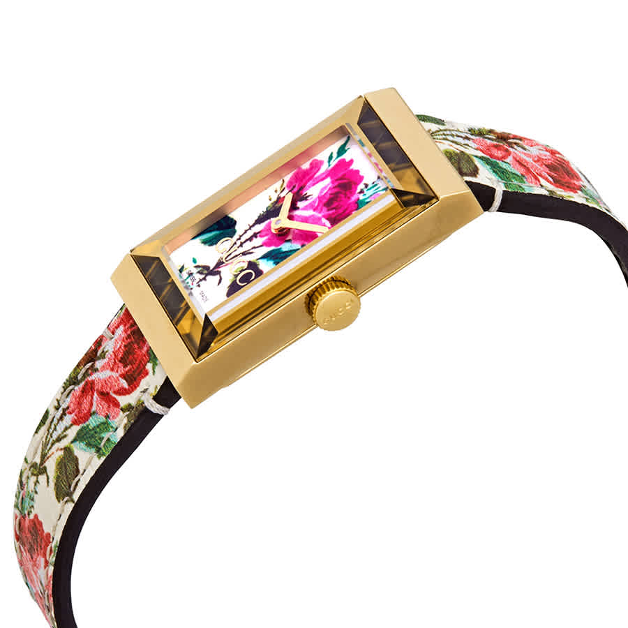 Gucci G-Frame Floral Mother of Pearl Dial White Leather Strap Watch For Women - YA147406