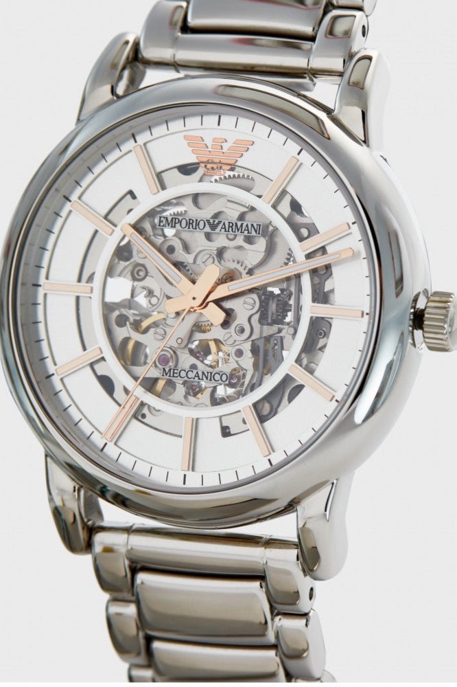 Emporio Armani Meccanico Skeleton Silver Dial Silver Steel Strap Watch For Men - AR1980
