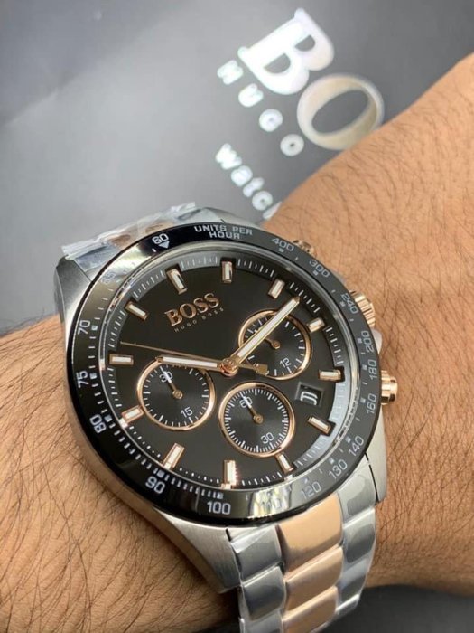 Hugo Boss Here Chronograph Black Dial Two Tone Steel Strap Watch for Men - 1513757