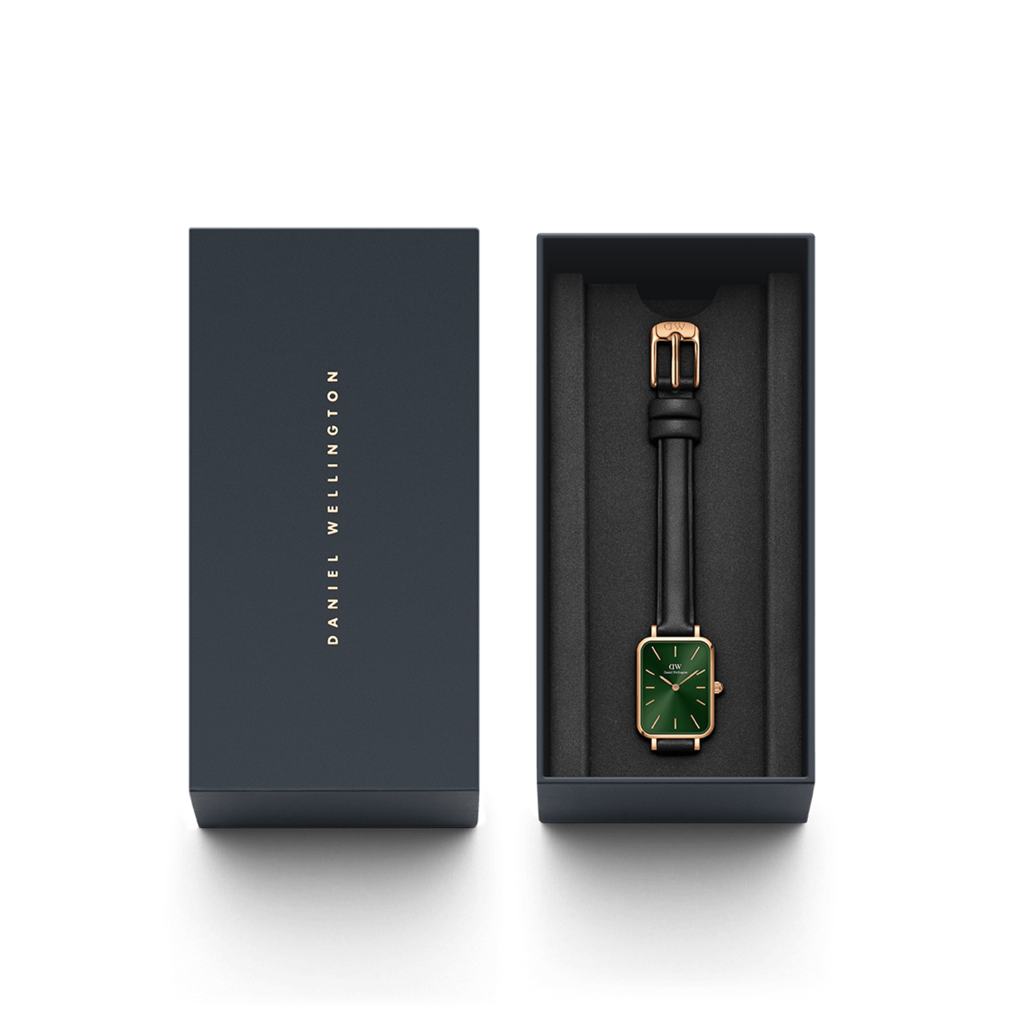 Daniel Wellington Quadro Pressed Melrose Emerald Green Dial Black Leather Strap Watch For Women - DW00100446