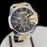 Diesel Mega Chief Chronograph Black Dial Two Tone Steel Strap Watch For Men - DZ4581