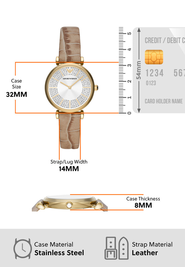 Emporio Armani Gianni T Bar Crystals Silver Dial Brown Leather Strap Watch For Women - AR11518