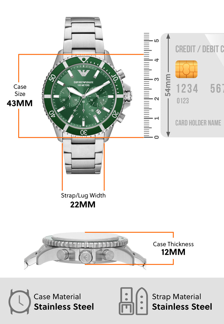 Emporio Armani Diver Chronograph Green Dial Silver Steel Strap Watch For Men - AR11500